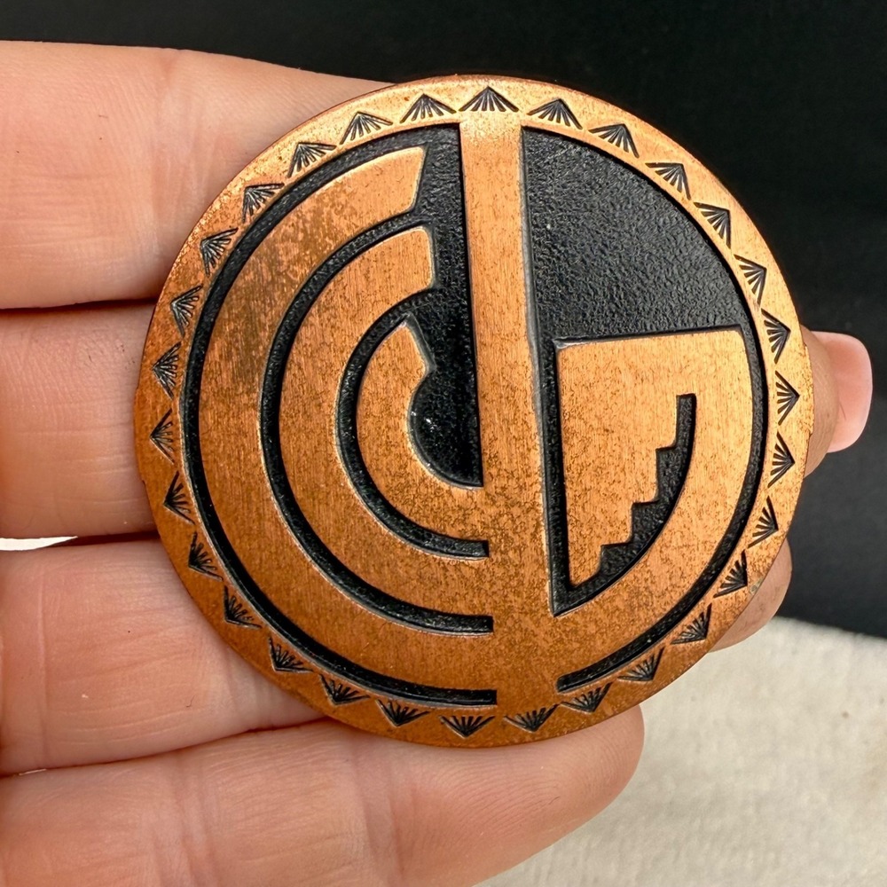 Vintage Copper Bell Trading Brooch Round Ethnic Western